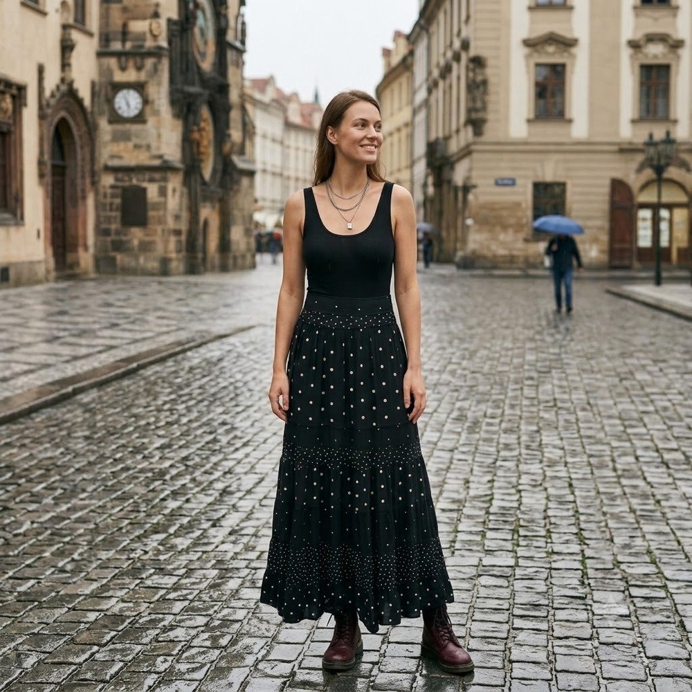 Anthropologie Maxi Dress Womens XS Black Polka Dot Tiered Mixed Media Sleeveless